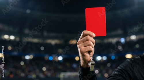 Close up of soccer referee holding red card penalty during football match in stadium night lights