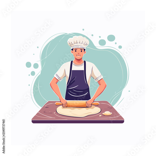 Baker with chef hat rolling dough with a rolling pin