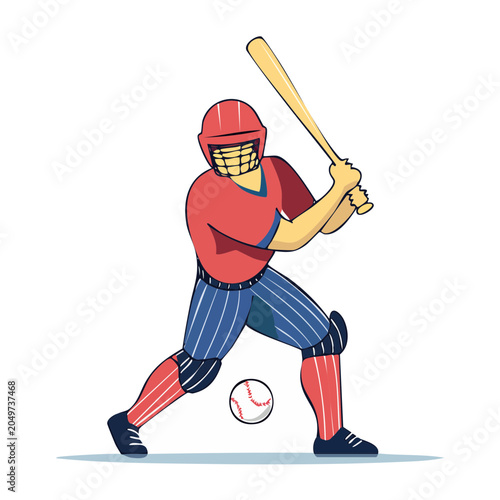 Baseball player in red and blue uniform batting
