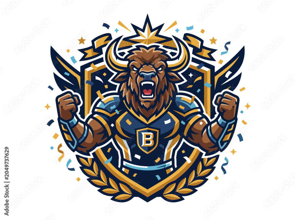 Obraz premium Mighty Bull Mascot Emblem Radiating Strength and Determination, Ideal for Sporting Events and Team Identity, Capturing the Essence of Victory