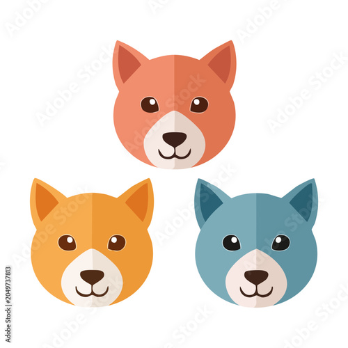 Three flat design dog faces in different colors