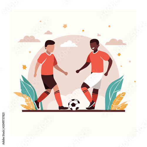 Two diverse soccer players in orange uniforms playing with a ball
