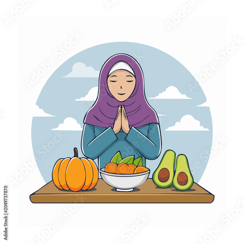 Woman in Hijab with Harvest Fruits and Vegetables