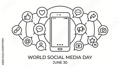 A line art illustration of a smartphone surrounded by social media icons, celebrating World Social Media Day on June 30.