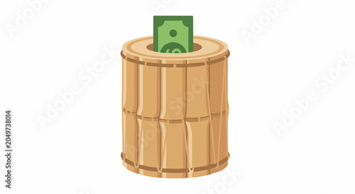 Green dollar bill in wooden barrel illustration.