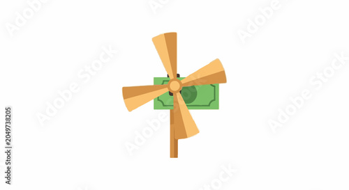 Green dollar bill windmill illustration with wooden blades.