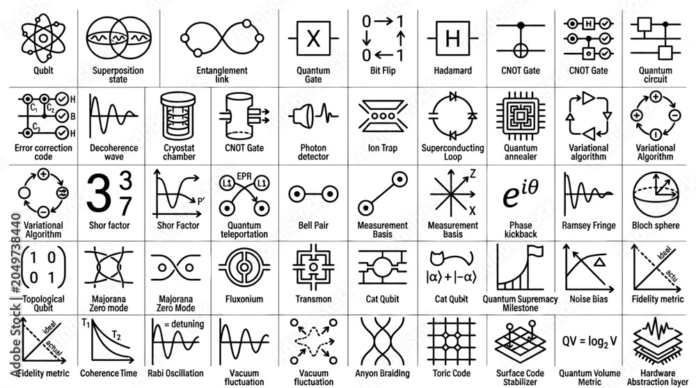Obraz premium Quantum technology icons set including qubit superposition state entanglement link quantum gate bit flip hadamard cnot gate circuit error correction decoherence wave cryostat.