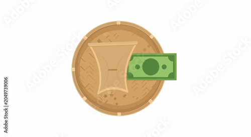 Green Dollar Bill Inside Golden Donut Illustration.