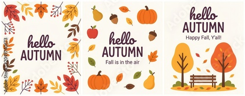 Set of three autumn greeting cards with fall leaves, pumpkins, fruits and park bench