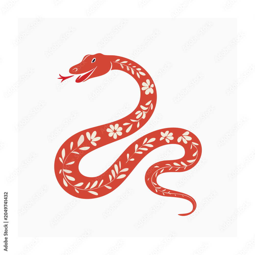 Obraz premium Red snake with white floral pattern on white background