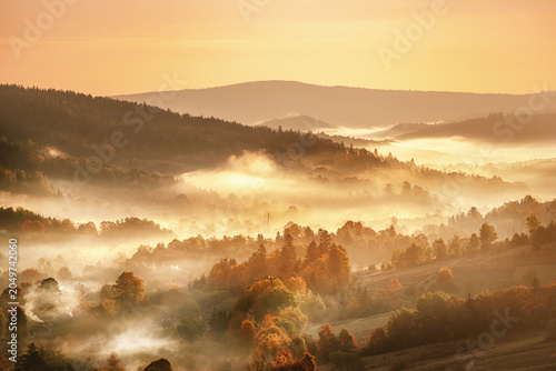 Morning mountain landscape, autumn seasonal background, amazing sunrise