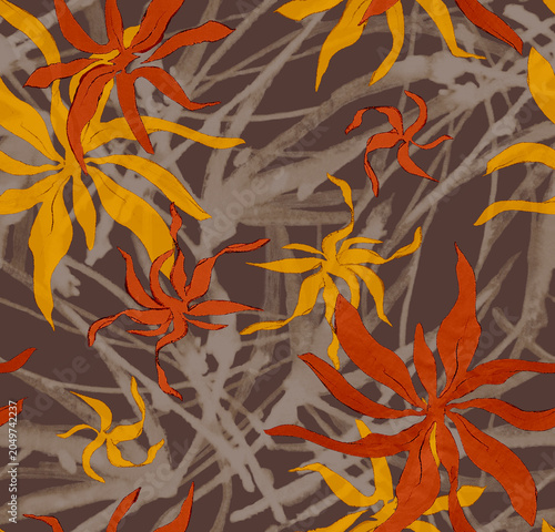 Hand-drawn abstract floral seamless pattern. Vibrant orange and yellow flowers on warm brown background. Expressive brush stroke raster textile design.
