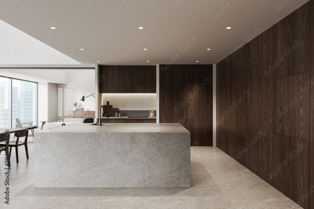 Fototapeta premium Modern interior kitchen design featuring stone island, rich wood cabinets, refined minimalist layout and soft ambient lighting shaping elegant contemporary space. 3D Rendering