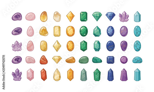 Collection of Colorful precious gemstones on display.