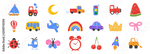 Chalk scribble set childlike elements, crayon pencil kindergarten doodle icons. Preschool transport, bug, moon, watermelon, toys games in sketch style