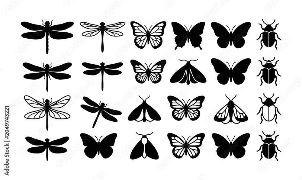 Obraz premium Collection of Butterflies and dragonflies in black.