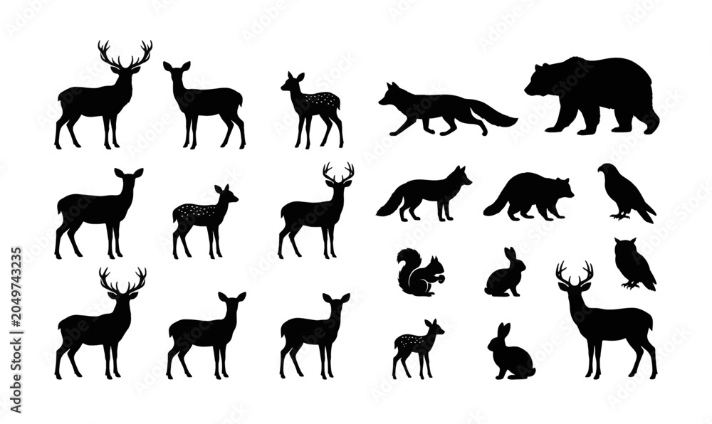 Fototapeta premium Collection of Silhouettes of various wild animals standing.