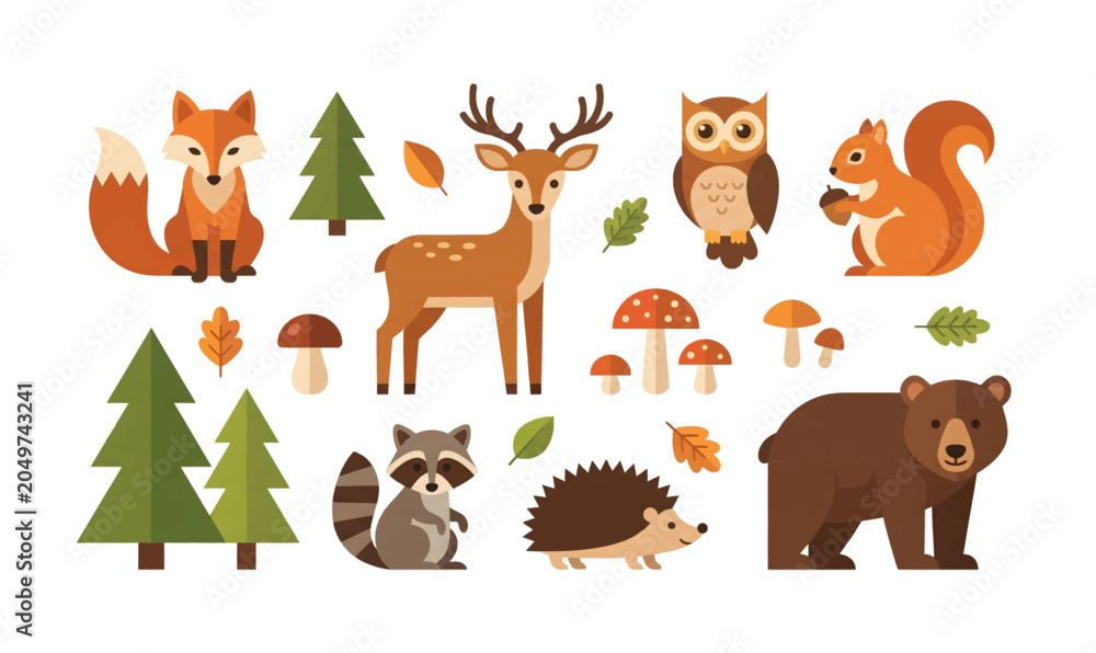 Fototapeta premium Collection of forest animals and trees.