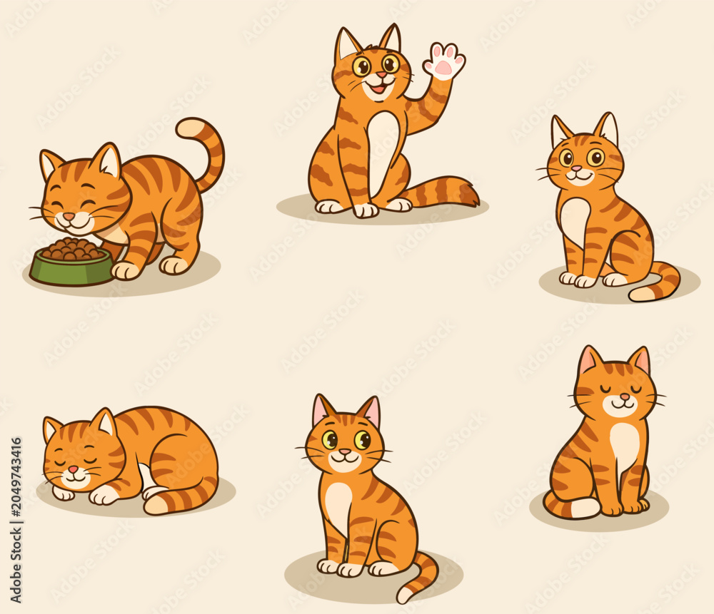 Obraz premium Vector illustration showing orange tabby cats in different poses. Cute cartoon cats eating, sitting, waving and sleeping on a beige background.