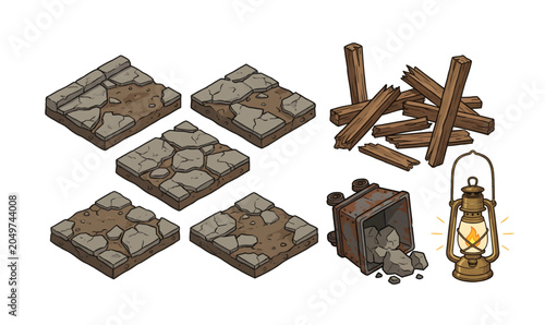 Collection of Stone tiles and wood logs with lantern.