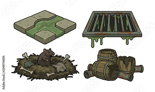 Collection of Sewer grate and pipe system components.