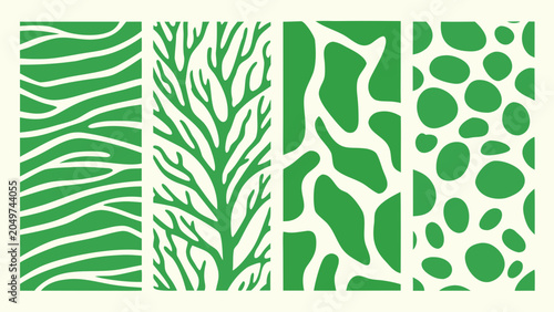 Nature inspired patterns featuring stylized leaf branch and organic shapes in green vector illustration abstract aesthetic