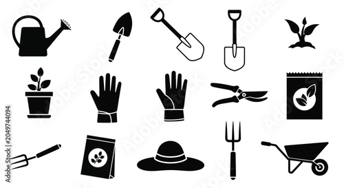 Schilderij op canvas Gardening Tools Silhouette Collection On White Background