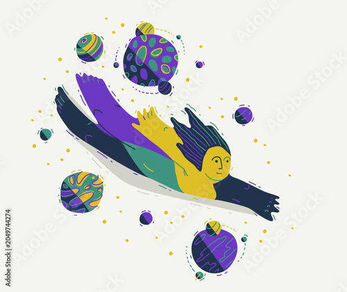 Schilderij op canvas Person floating among planets in space, imagination and exploration concept, dreamer in universe, freedom, creativity, cosmic journey illustration