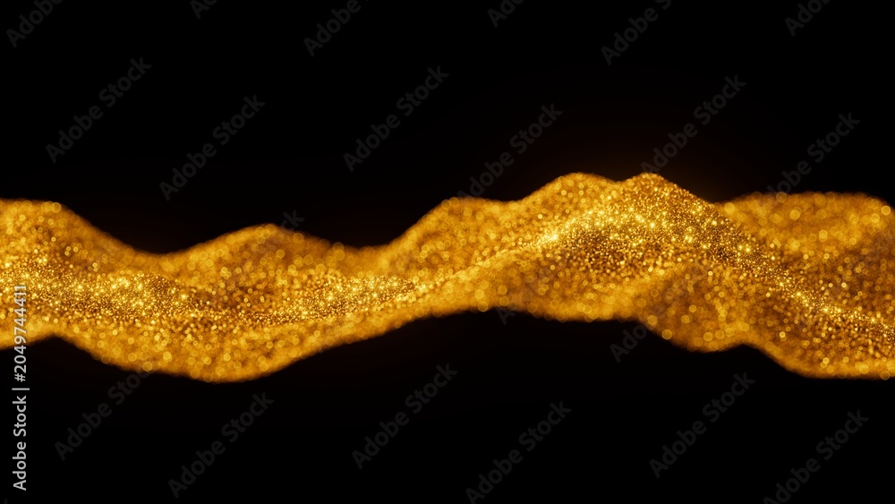 Fototapeta premium 3d render. Abstract background of gold sand, golden glitter, stardust and magical bokeh lights shimmering in the dark. Macro of sparkling wavy surface