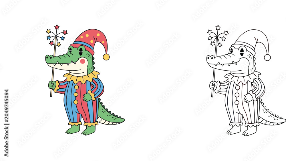 Fototapeta premium Cute Cartoon Alligator Jester with Magic Wand - Whimsical Mascot Illustration