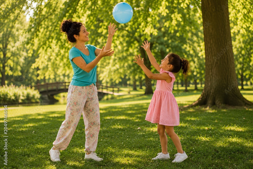 Obraz premium Mother and daughter playing with a ball in the park.