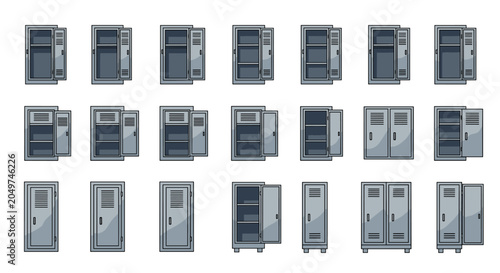 Extensive collection of metal school locker icons in different colors and states including open, closed, and partially empty views.
