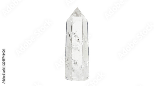 Clear quartz crystal point tower standing upright isolated on a pure white background