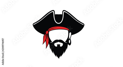 Strong pirate head mascot illustration featuring a black tricorn hat, a red bandana, a thick black beard, and a gold earring.