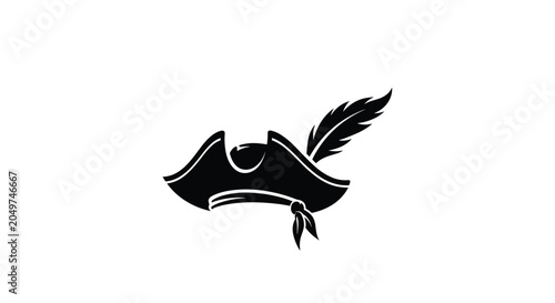 Classic black silhouette of a pirate tricorne hat with a single large feather and a small bow is shown on white.