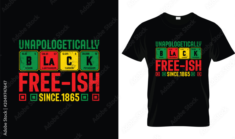 Fototapeta premium Juneteenth T-Shirt Design Unapologetically Black Free-Ish Since 1865 Typography, African American Freedom Day Celebration Vector Graphic