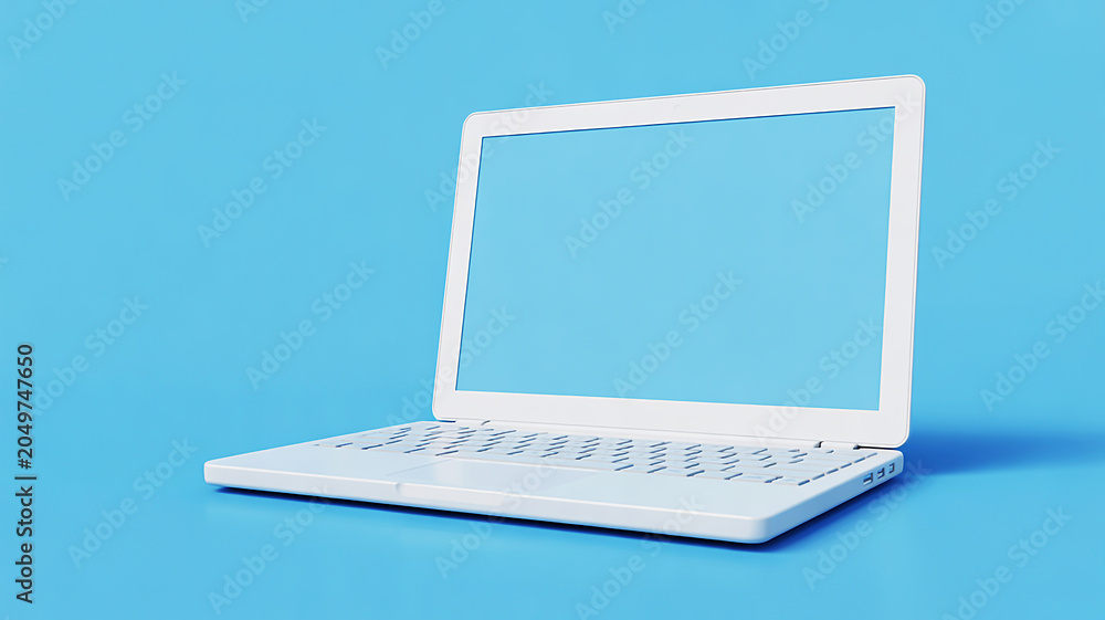 Fototapeta premium A minimalist 3D rendering of a white laptop on a solid blue background, showcasing modern technology and clean design