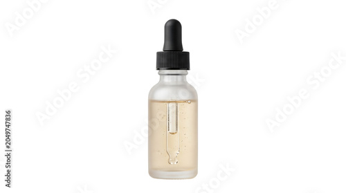Frosted glass dropper bottle with golden serum isolated on white background