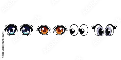 Anime manga eyes collection, 4 pairs of cartoon character eye expressions, colorful comic style vector set for avatar design and animation