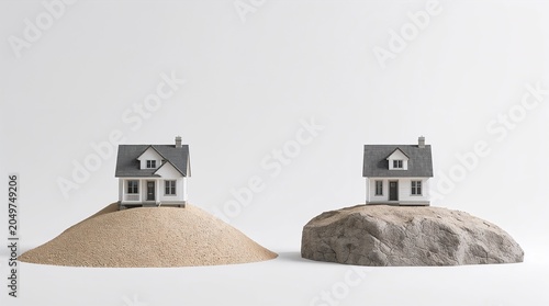 Two identical houses on sand versus solid rock foundation comparison concept