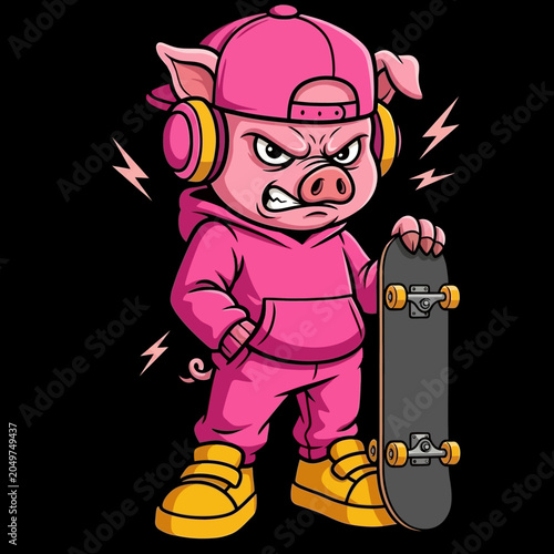 Pink Pig Wearing Headphones Skateboard.