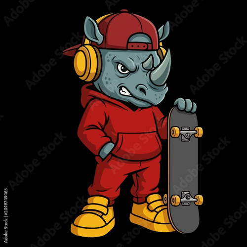 Rhino wearing red hoodie and headphones.