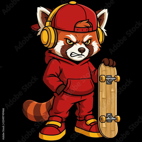 Red panda wearing headphones and skateboard.