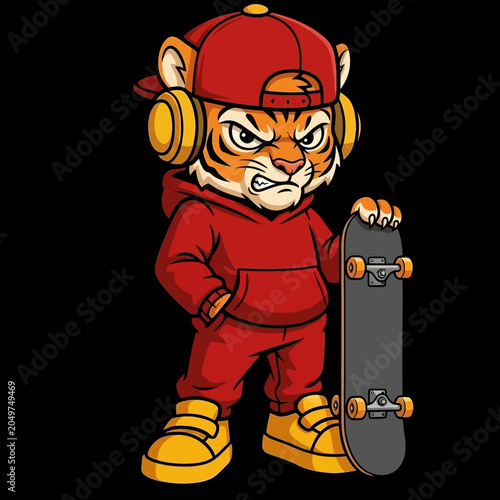 Tiger cartoon character with skateboard.