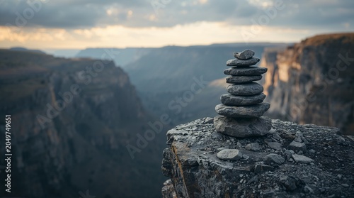 Balanced stone cairn tower on cliff edge with misty canyon landscape background zen meditation concept