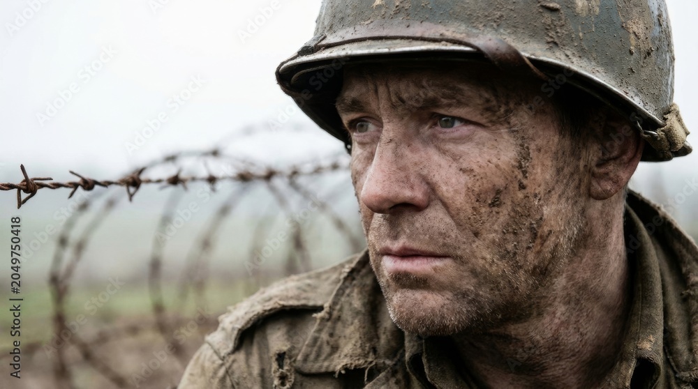 Fototapeta premium Gritty close-up of a mud-covered soldier in a helmet, looking weary with barbed wire in the background. A depiction of the harsh realities of war and conflict.