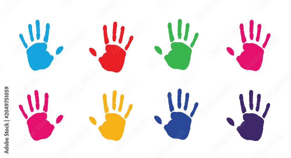 Fototapeta premium Colorful collection of eight human handprints in various bright shades arranged in two rows on a white background.