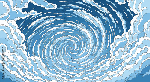 Dramatic pixel art depicting a vast blue sky with white clouds swirling in a massive spiral formation like a storm.