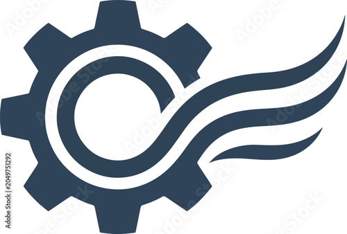 Stylized gear with infinity symbol and wing abstract representing innovation.