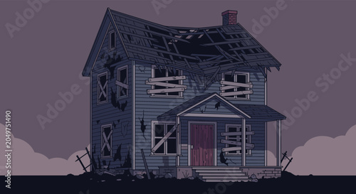Eerie abandoned two-story house with broken walls and boarded-up windows in a dark and moody pixel art style.